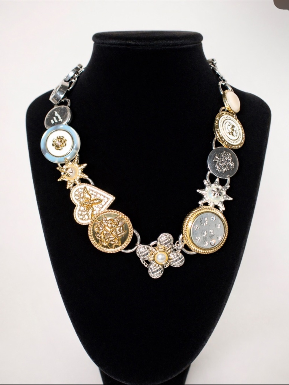 Statement Gold & Silver Button Floral Necklace - Women Jewelry